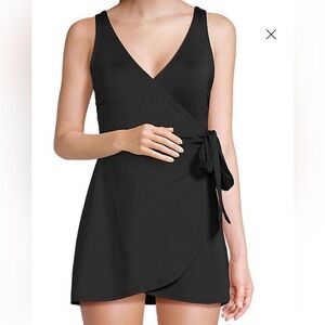 Land's End Plus Size One Piece Slender Suit Wrap mini dress tie soft black 14 DD